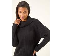 Roman Roll Neck Knitted Jumper Dress for Women UK - Ladies Autumn Everyday Winter Holiday Cowl Neckline Comfy Long Sleeve Soft Rib Detail Frock Desk to Dinner Gowns - Black - Size 16