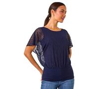 Roman Rose Burnout Bubble Hem Top for Women UK - Ladies Autumn Everyday Winter Holiday Round Neckline Comfy Short Sleeve Soft Batwing Shirt Office Desk Blouses - Navy - Size 10
