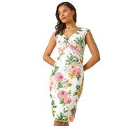 Roman Rose Print Lace Knot Stretch Dress for Women UK - Ladies Spring Everyday Summer Holiday V-Neckline Comfy Sleeveless Soft Bodycon Frock Dinner Date Gowns - Peach - Size 14