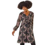 Roman Rose Print Ruffle V-Neck Smock Dress for Women UK - Ladies Spring Everyday Summer Holiday Long Sleeve Soft Knee Length Comfy Frill Detail Frock Dinner Date Gowns - Black - Size 20