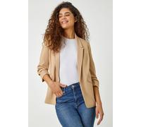 Roman Originals Ruched Sleeve Stretch Blazer for Women UK - Ladies Everyday Holiday Spring Summer Edge to Edge Opening Comfy Soft Evening Vacation Work Party - Natural - Size 18