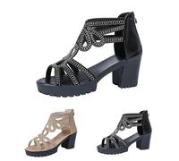 Roman Sandals Women's High with Heel, Summer Shoes with Heel, Elegant Platform Sandals, Wedge Heel Shoes, Zip Rhinestone Glitter Sandals, Retro Evening Shoes, Party Beach Sandals, black, 4 UK