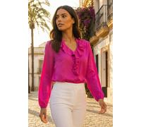 Roman Originals Ruffle Front V-Neck Satin Blouse for Women UK - Ladies Everyday Autumn Winter V-Neckline Comfy Soft Evening Vacation Work Party Night Out - Cerise Satin - Size 12
