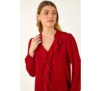 Roman Originals Ruffle Front V-Neck Satin Blouse for Women UK - Ladies Everyday Autumn Winter V-Neckline Comfy Soft Evening Vacation Work Party Night Out - Red Satin - Size 16