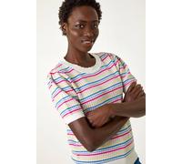 Roman Originals Scallop Edge Stripe Knit Top for Women UK - Ladies Everyday Holiday Spring Summer Round Neckline Comfy Soft Evening Vacation Work Party - Multi Stripe - Size 16