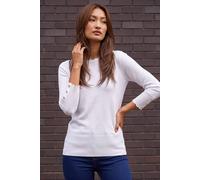 Roman Diamante Button Scallop Edge Jumper for Women UK Ladies Autumn Everyday Winter Holiday Round Neckline Comfy Long Sleeve Soft Slim Fit Knitted Sweater Warm Tops - Ivory - Size 10