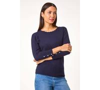 Roman Diamante Button Scallop Edge Jumper for Women UK - Ladies Autumn Everyday Winter Holiday Round Neckline Comfy Long Sleeve Soft Slim Fit Knitted Sweater Warm Tops - Midnight Blue - Size 16