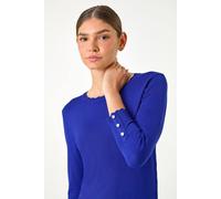 Roman Diamante Button Scallop Edge Jumper for Women UK - Ladies Autumn Everyday Winter Holiday Round Neckline Comfy Long Sleeve Soft Slim Fit Knitted Sweater Warm Tops - Royal Blue - Size 20