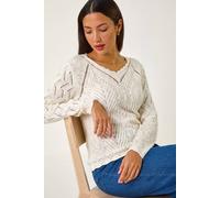 Roman Originals Scallop V-Neck Knit Jumper for Women UK - Ladies Everyday Holiday Spring Summer V-Neckline Comfy Soft Evening Vacation Work Party - Ivory - Size 14
