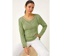 Roman Originals Scallop V-Neck Knit Jumper for Women UK - Ladies Everyday Holiday Spring Summer V-Neckline Comfy Soft Evening Vacation Work Party - Khaki - Size 14