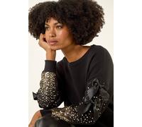 Roman Originals Sequin Bow Sleeve Knit Jumper for Women UK - Ladies Everyday Autumn Winter Round Neckline Comfy Soft Evening Vacation Work Party Night Out - Black - Size SM