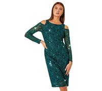 Roman Originals Sequin Cold Shoulder Lace Midi Stretch Dress for Women UK - Ladies Everyday Autumn Winter Round Neckline Comfy Soft Evening Vacation Work Party Night Out - Green - Size 20