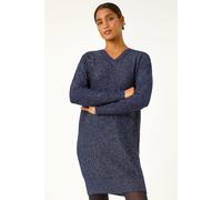 Roman Knitted Jumper Dress for Women UK Ladies Knit Knitwear Autumn Winter Casual Smart Pull On Work Long Sleeves Slouch Relaxed Flattering Over Knee Length V Neck - Navy - Size 20