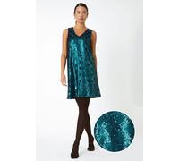 Roman Originals Sequin Diamond Print Swing Stretch Dress for Women UK - Ladies Everyday Autumn Winter V-Neckline Comfy Soft Evening Vacation Work Party Night Out - Emerald - Size 10