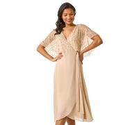 Roman Sequin Embellished Maxi Wrap Dress for Women UK - Ladies Autumn Everyday Winter Holiday V-Neckline Comfy Cape Sleeve Soft Bead Detail Frock Dinner Out Gowns - Natural - Size 18