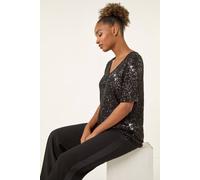 Roman Originals Sequin Embellished V-Neck Top for Women UK - Ladies Everyday Autumn Winter V-Neckline Comfy Soft Evening Vacation Work Party Night Out - Black - Size 10