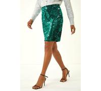 Roman Sequin Embellished Velour Stretch Skirt for Women UK - Ladies Autumn Everyday Winter Holiday Elasticated Waist Comfy Pull On Pencil Shape Soft Dinner Out Skirts - Teal - Size 12