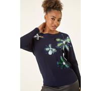 Roman Originals Women Diamante Embellished Jumper Ladies Sparkly Sequin Sweater Batwing Autumn Winter Sparkle Knit Knitwear Glittery Shiny Casual Evening Going Out Party - Navy - Size 16
