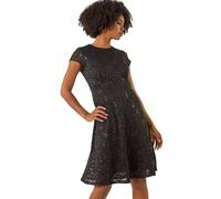 Roman Originals Sequin Fluted Hem Lace Stretch Dress for Women UK - Ladies Everyday Autumn Winter Round Neckline Comfy Soft Evening Vacation Work Party Night Out - Black - Size 10