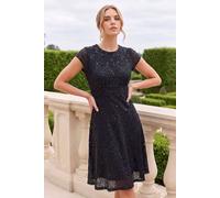 Roman Originals Sequin Fluted Hem Lace Stretch Dress for Women UK - Ladies Everyday Autumn Winter Round Neckline Comfy Soft Evening Vacation Work Party Night Out - Black - Size 10