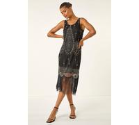 Roman Women's Sequin Fringe Detail Midi Dress in Black | Size: 12 Roman Black 12