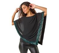 Roman Sequin Hem Overlay Stretch Top for Women UK - Ladies Autumn Everyday Winter Holiday Round Neckline Comfy Short Sleeve Soft Chiffon Cape Tunic Dinner Date Blouses - Emerald - Size 10