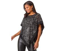 Roman Sequin Hem Overlay Stretch Top for Women UK Ladies New Year NYE Party Blouse Sparkly Glitter Shiny Autumn Winter Tunic Round Chiffon Cape Going Out Special Occassion - Noir - Size 10