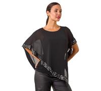 Roman Sequin Hem Overlay Stretch Top for Women UK Ladies New Year NYE Party Blouse Sparkly Glitter Shiny Autumn Winter Tunic Round Chiffon Cape Going Out Special Occassion - Black - Size 12