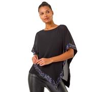 Roman Sequin Hem Overlay Stretch Top for Women UK Ladies New Year NYE Party Blouse Sparkly Glitter Shiny Autumn Winter Tunic Round Chiffon Cape Going Out Special Occassion - Purple - Size 12