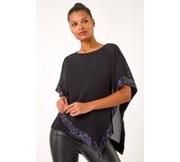 Roman Sequin Hem Overlay Stretch Top for Women UK - Ladies Autumn Everyday Winter Holiday Round Neckline Comfy Short Sleeve Soft Chiffon Cape Tunic Dinner Date Blouses - Purple - Size 10