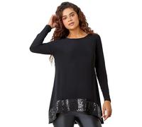 Roman Sequin Hem Tunic Stretch Top for Women UK - Ladies Autumn Everyday Winter Holiday Round Neckline Comfy 3/4 Sleeve Soft Sparkle Shirt Desk to Dinner Blouses - Black - Size 20