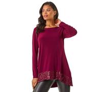 Roman Sequin Hem Tunic Stretch Top for Women UK - Ladies Autumn Everyday Winter Holiday Round Neckline Comfy 3/4 Sleeve Soft Sparkle Shirt Desk to Dinner Blouses - Burgundy - Size 16
