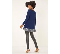 Roman Sequin Hem Tunic Stretch Top In Navy Navy