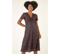 Roman Originals Sequin Lace Twist Front Midi Dress for Women UK - Ladies Everyday Autumn Winter V-Neckline Comfy Soft Evening Vacation Work Party Night Out - Chocolate - Size 10