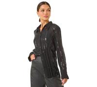Roman Originals Shirt for Women Ladies Cotton Blouse Button Through Tunic Printed Top Work Long Sleeve Smart Casual Going Out Work Office V Neck Everyday Evening Event - Noir Sparkle - Size 12
