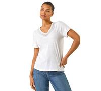 Roman Sequin Trim V-Neck Stretch Top for Women UK - Ladies Spring Everyday Summer Holiday Short Sleeve Soft Lace Detail Comfy Jersey Shirt Day Out Blouses - Ivory - Size 12