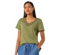 Roman Sequin Trim V-Neck Stretch Top for Women UK - Ladies Spring Everyday Summer Holiday Short Sleeve Soft Lace Detail Comfy Jersey Shirt Day Out Blouses - Khaki - Size 10