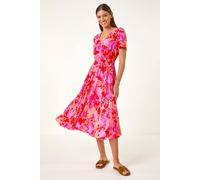 Roman Originals Shirred Empire Waist Dress for Women UK Ladies Midi Maxi Summer Spring Tiered Frill Hem Short Sleeve V Neck Button Through Boho Bohemian Holiday Cruise - Pink Floral - Size 18