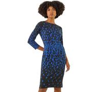 Roman Shift Dress with Pockets for Women UK - Ladies Summer Autumn Winter Smart Casual Work Short 3/4 Sleeve Tunic Knee Length Pleated Gathered Waist Tea Loose - Purple & Blue - Size 12