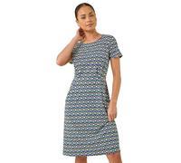 Roman Shift Dress with Pockets for Women UK - Ladies Summer Autumn Winter Smart Casual Work Short 3/4 Sleeve Tunic Knee Length Pleated Gathered Waist Tea Loose - Petite Floral Navy - Size 16