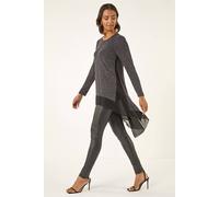 Roman Chiffon Dipped Hem Top Asymmetric Tunic for Women UK Ladies Stretchy Jersey Flared Blouse Smart Fit & Flare Form Casual Loose Longline Party Hanky Tunics - Sparkly Noir - Size 10
