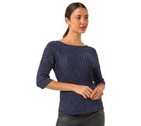 Roman Shimmer Ribbed Batwing Knit Jumper for Women UK - Ladies Autumn Everyday Winter Holiday Slash Neckline Comfy 3/4 Sleeve Soft Metallic Fabric Top Office Desk Sweaters - Midnight Blue - Size 16