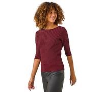 Roman Shimmer Ribbed Batwing Knit Jumper for Women UK - Ladies Autumn Everyday Winter Holiday Slash Neckline Comfy 3/4 Sleeve Soft Metallic Fabric Top Office Desk Sweaters - Wine - Size 20