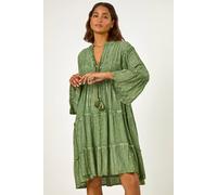 Roman Originals Smock Dress for Women UK Ladies Cotton Summer Embroidered Frilled Tiered Casual Beach Cruise Holiday Cocktail Party 3/4 Sleeve Pull On Gathered Skirt - Green Shimmer - Size 14