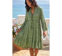 Roman Originals Smock Dress for Women UK Ladies Cotton Summer Embroidered Frilled Tiered Casual Beach Cruise Holiday Cocktail Party 3/4 Sleeve Pull On Gathered Skirt - Green Shimmer - Size 16