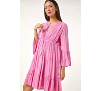 Roman Originals Smock Dress for Women UK Ladies Cotton Summer Embroidered Frilled Tiered Casual Beach Cruise Holiday Cocktail Party 3/4 Sleeve Pull On Gathered Skirt - Plain Light Pink - Size 20