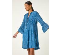 Roman Originals Smock Dress for Women UK Ladies Cotton Summer Embroidered Frilled Tiered Casual Beach Cruise Holiday Cocktail Party 3/4 Sleeve Pull On Gathered Skirt - Denim - Size 18