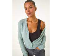 Roman Originals Shimmer V-Neck Ribbed Cardigan for Women UK - Ladies Everyday Autumn Winter V-Neckline Comfy Soft Evening Vacation Work Party Night Out - Sage - Size XL