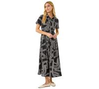 Roman Shirt Dress for Women UK Ladies Short Sleeve Sleeveless Belted Collared Midi Maxi Summer Spring Smart Casual Button Evening Office A Line Swing Skater - Geo Black - Size 12