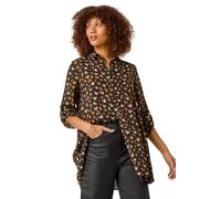 Roman Shirt for Women Ladies Cotton Blouse Button Through Tunic Printed Top Work Long Sleeve Smart Casual Going Out Work Office V Neck Everyday Evening Event - Noir Orange - Size 10